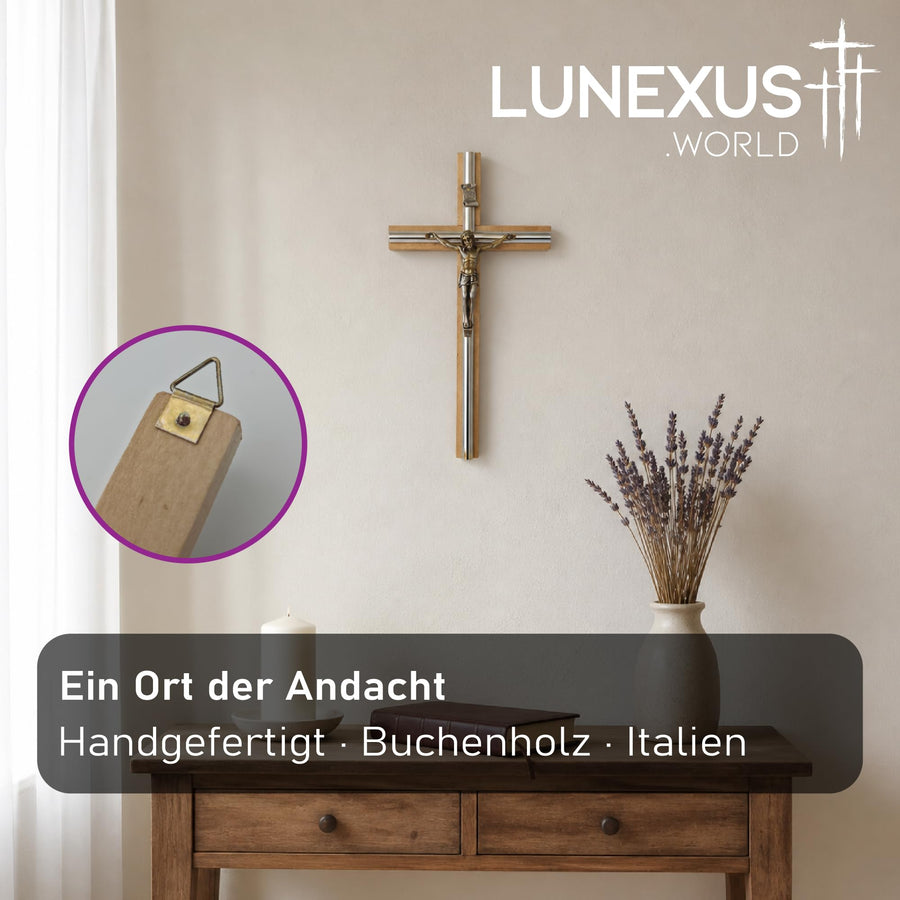 Crocifisso da parete in legno di faggio con corpo di Cristo in metallo e INRI 28×14 cm – benedetto – vista 3