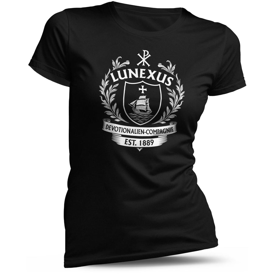 T-shirt femme « Blason LUNEXUS » noir avec croix et navire – t-shirt chrétien symbolique en coton
