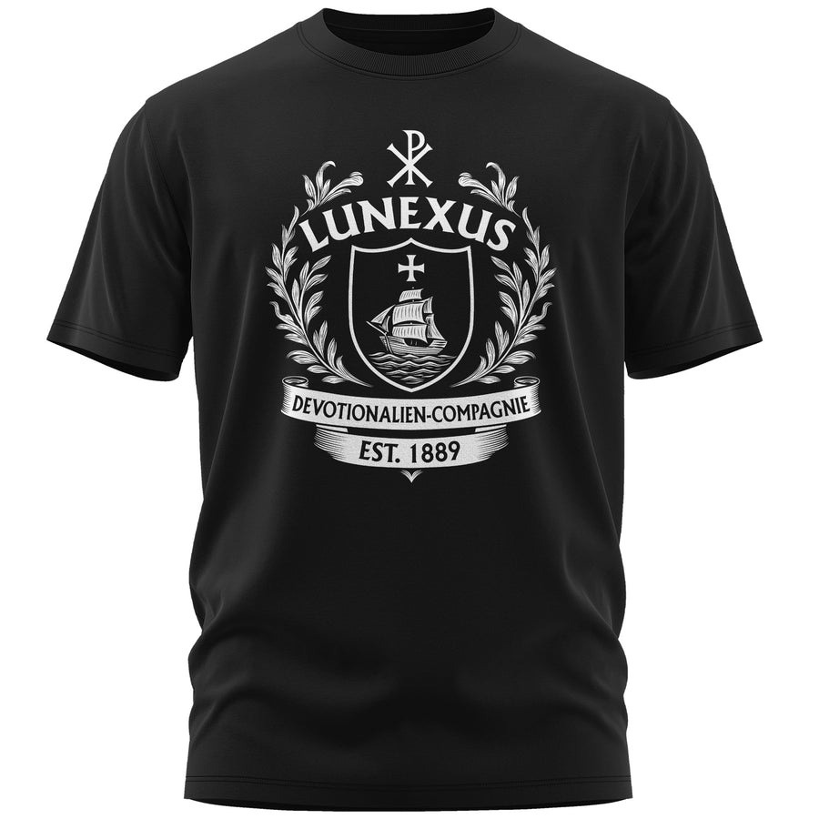 Camiseta de hombre Escudo LUNEXUS en negro con motivo de cruz y barco – camiseta de símbolo cristiano de algodón