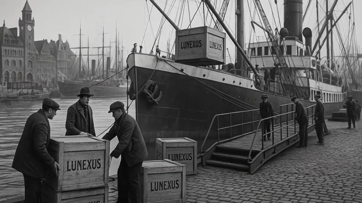 Scène de port recréée vers 1889 : des caisses portant l’inscription LUNEXUS sont chargées (illustration)