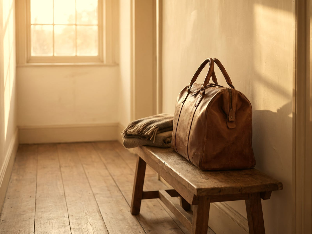 Alte Reisetasche aus Leder auf einer Holzbank