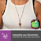 Christliche Halskette Olivenholz Kreuz mit Herzen Geschenk Taufe Kommunion